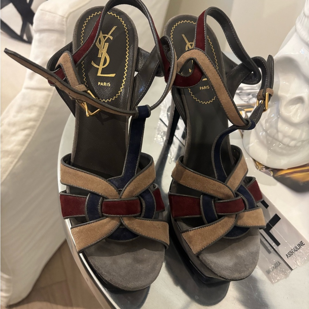 Yves Saint Laurent Red and Blue Heels with Strappy Design